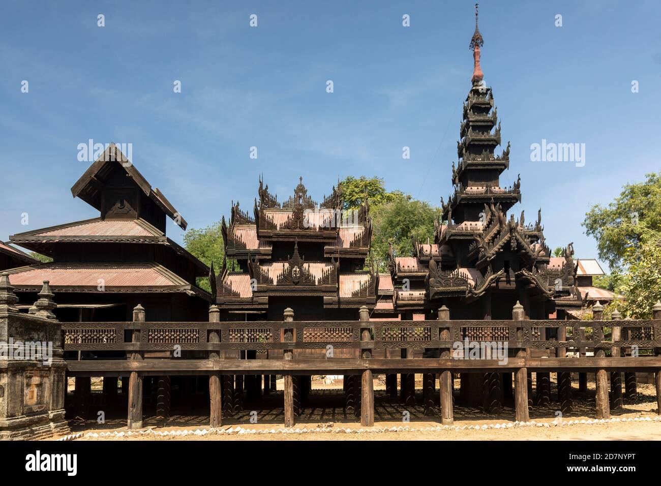 Wooden monastery Yokesone, Salay, Myanmar Stock Photo