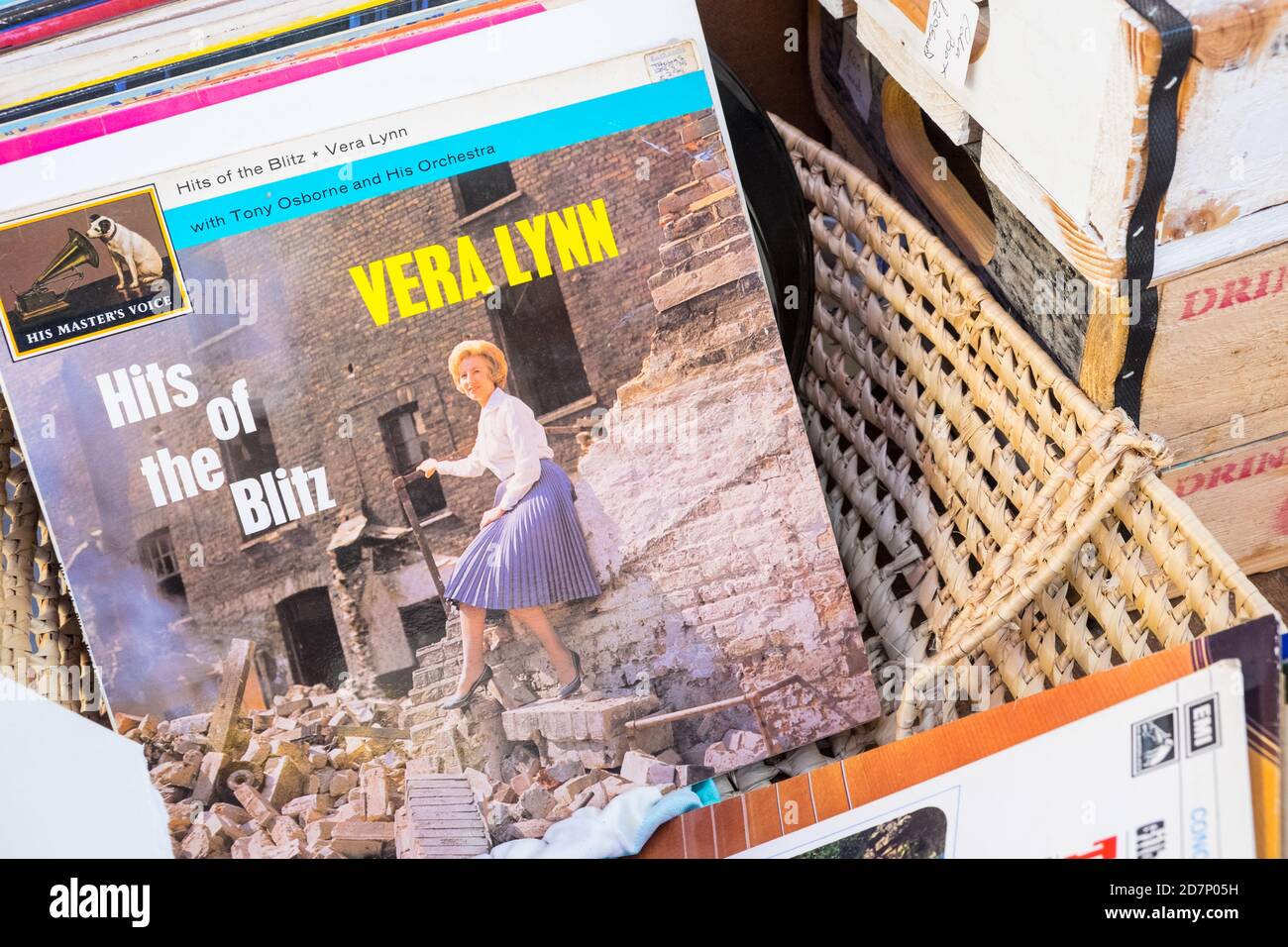 National treasure,Dame Vera Lynn,Vera Lynn,Hits of the  Blitz,Blitz,album,vinyl,record,records,HMV,His Masters  Voice,label,for,sale,at,this,record  collectors,shop,stall,within,Interior,of,indoor,indoors,covered,Cardigan  Guildhall Market,Cardigan Market ...