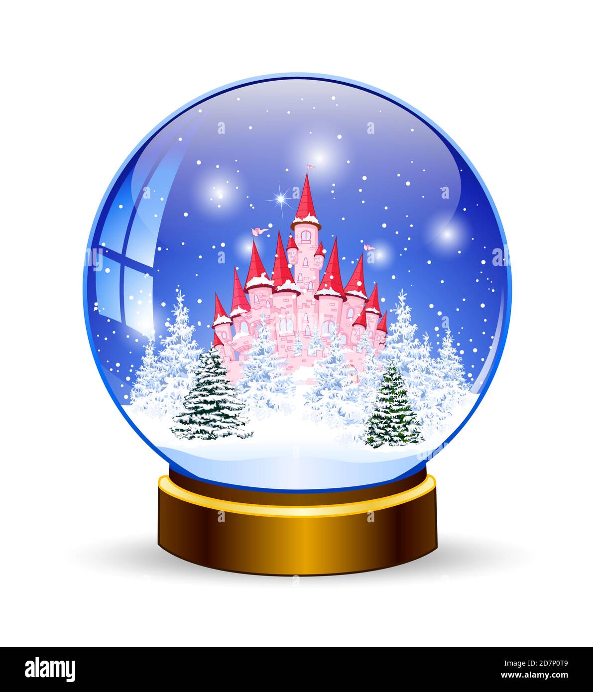 Snow ball. Princess castle on the background of a winter snowy forest. Winter landscape. Glass ball on a stand. Souvenir. Stock Vector