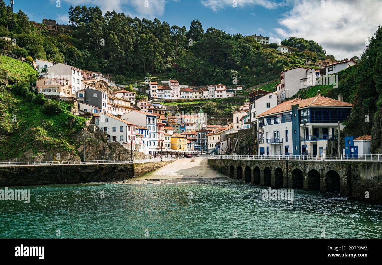 Picturesque fishing village of Cudillero at the Cantabrian Sea coast in Asturias, Spain seen from the port. Stock Photo
