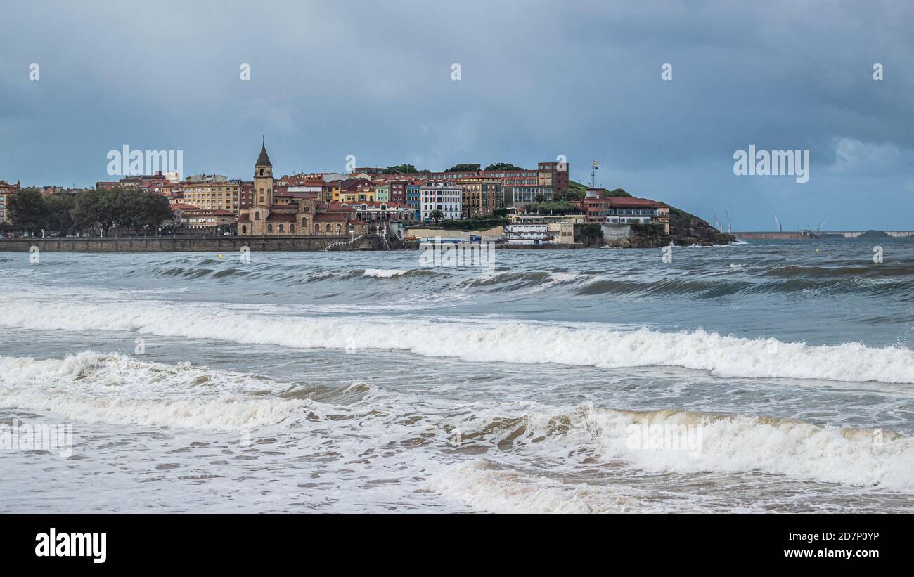 Coastal landscape of an old town of Gijon, Asturias, Spain. Stock Photo