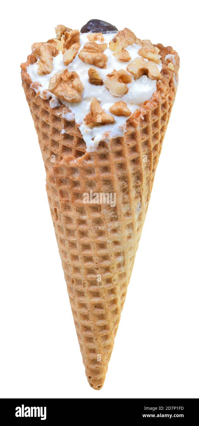 Ice cream in waffle cone with walnut isolated on white background Stock ...