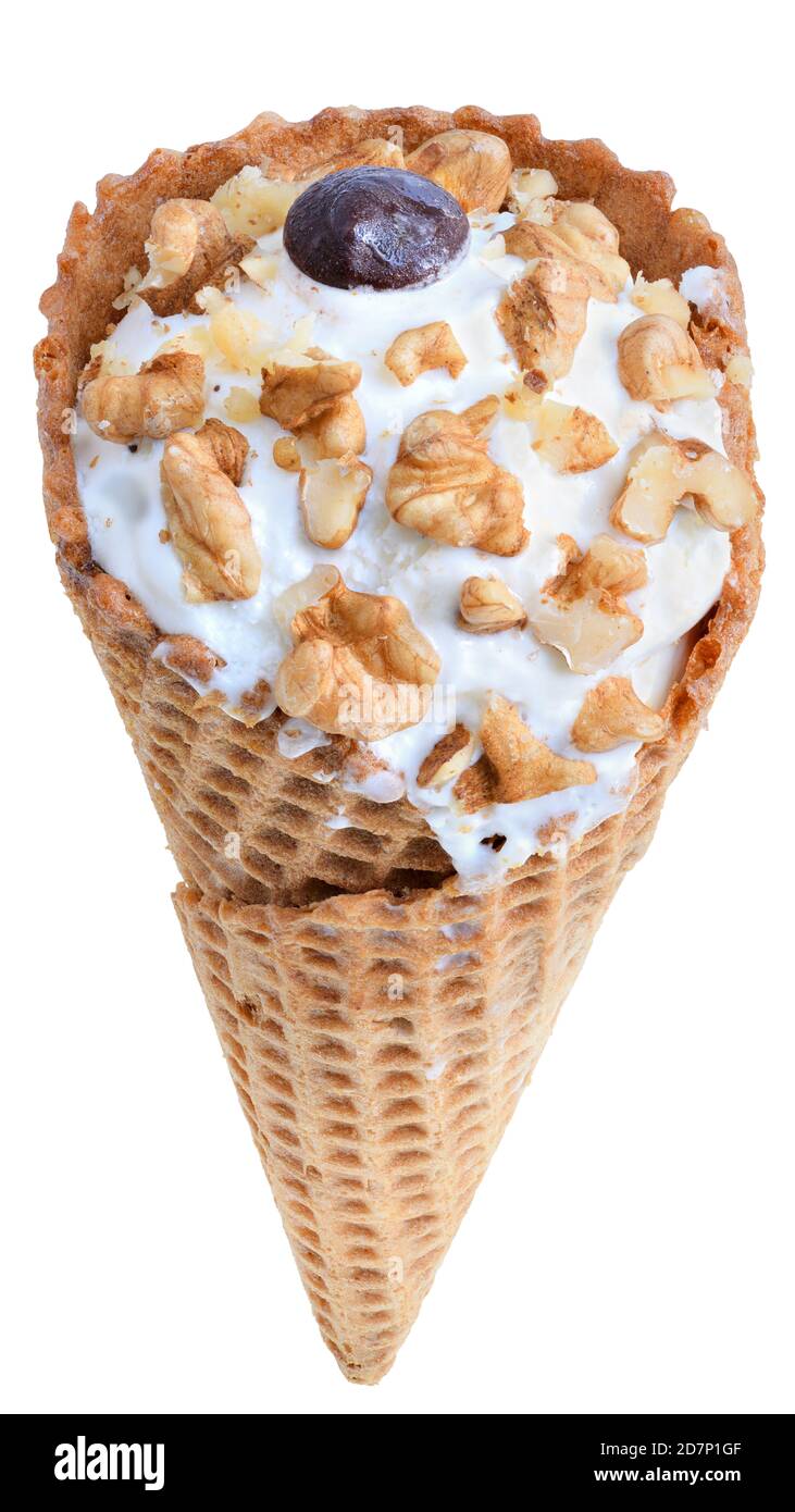 Ice cream in waffle cone with walnut isolated on white background Stock ...