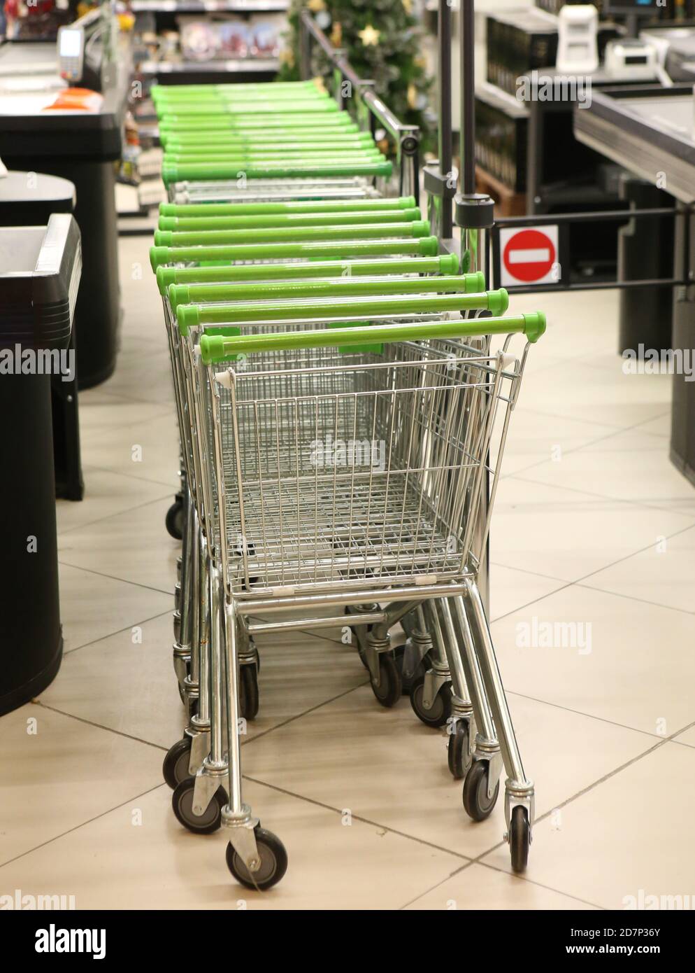 grocery metal carts in supermarket Stock Photo Alamy