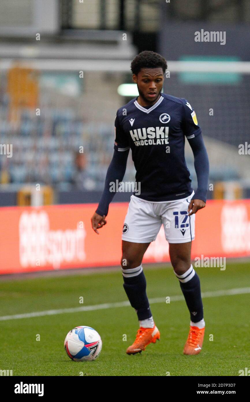 London, UK. 24th Oct, 2020. Mahlon Romeo of Millwall FC during the Sky Bet  Championship match played behind closed doors due to government Covid-19  guidelines between Millwall and Barnsley at The Den