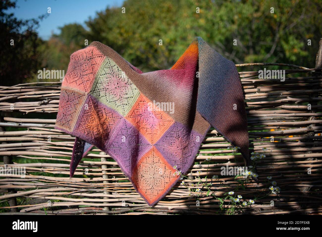 Handmade. Crochet. Woolen thread. Colorful shawl Stock Photo