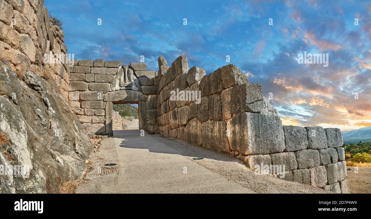 Mycenae Lion Gate & citadel walls built in 1350 B.C and its cyclopean style walls due to the vast size of the blocks. Mycenae Archaeological Site Stock Photo