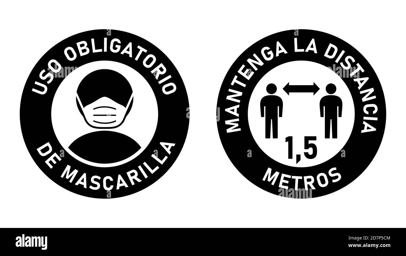 Icons in Spanish Uso Obligatorio de Mascarilla (Face Masks Required) and Mantenga La Distancia