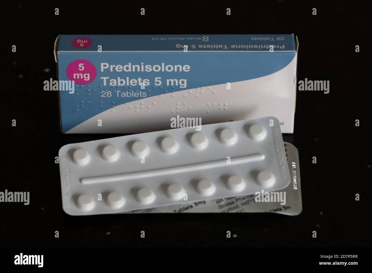 A box of Prednisolone (5 milligram) tablets and blister pack Stock Photo