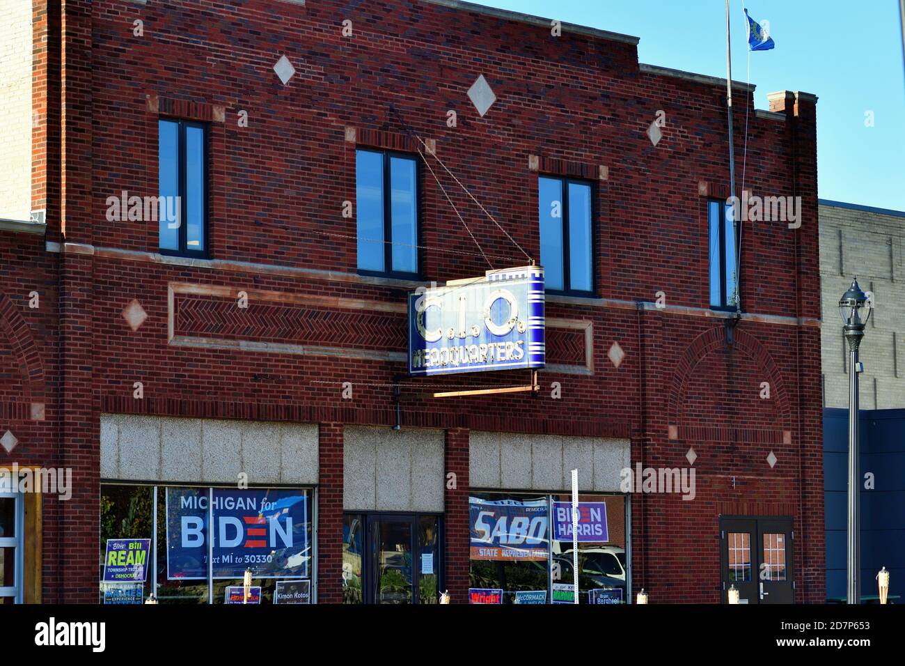 Muskegon, Michigan, USA. The CIO union headquarters in the Downtown Muskegon Social District. Stock Photo