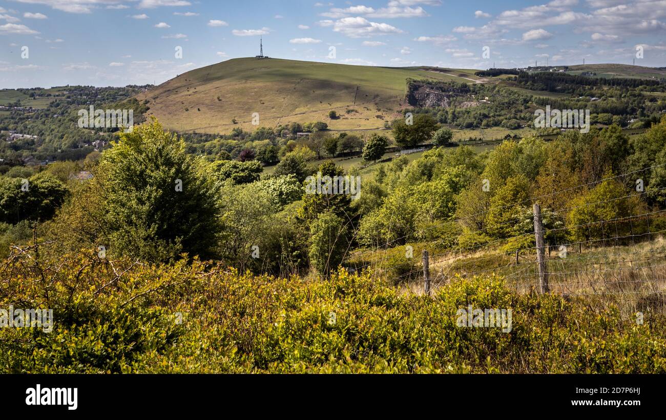 VIew towards the television mast on Wharmton, Greenfield and Uppermill, Saddleworth, Oldham. Sunny summer afternoon Stock Photo