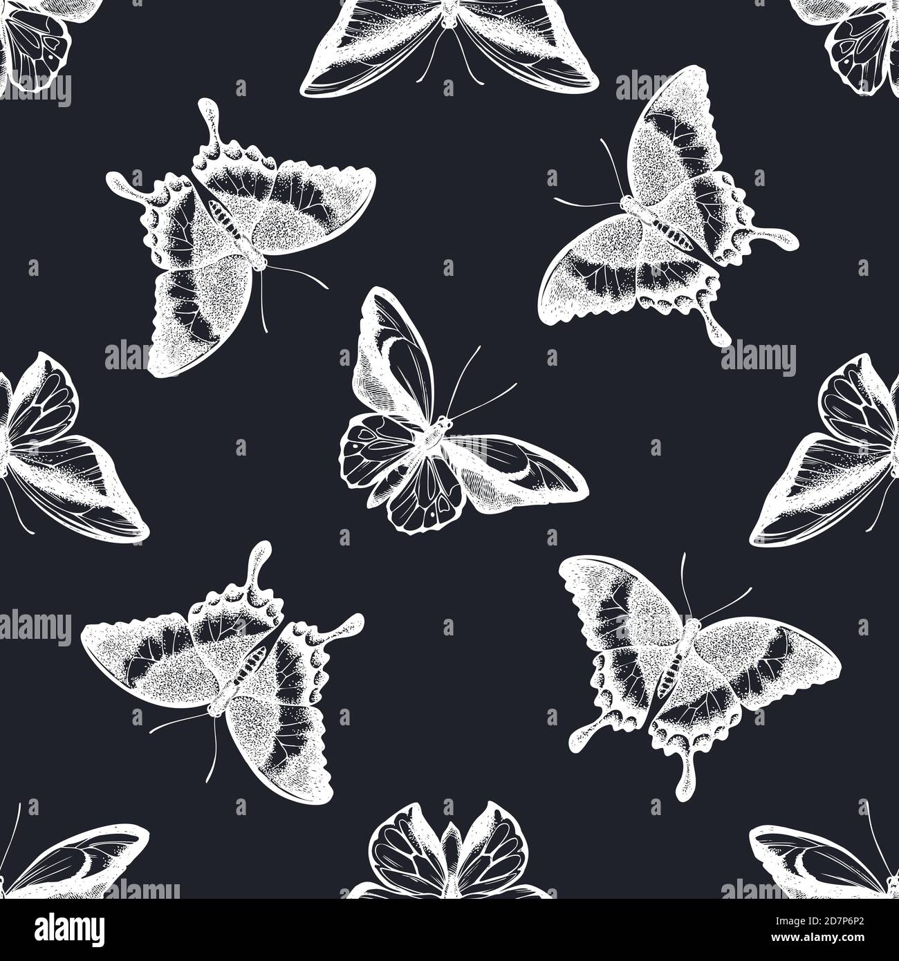 Seamless pattern with hand drawn chalk wallace s golden birdwing, emerald swallowtail, swallowtail butterfly Stock Vector