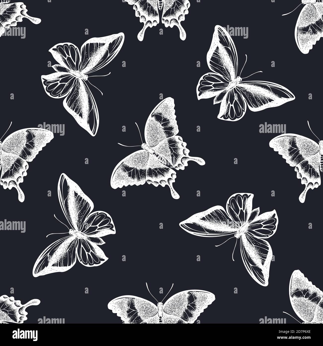 Seamless pattern with hand drawn chalk emerald swallowtail, swallowtail butterfly Stock Vector
