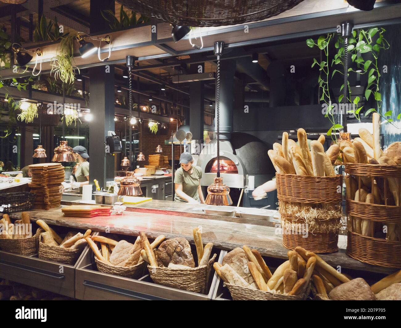 Odessa Ukraine July 13 2020 An Beautifully Decorated Open Kitchen Restaurant With Open Fire Kitchen Stove And Fresh Bread In Baskets Stock Photo Alamy