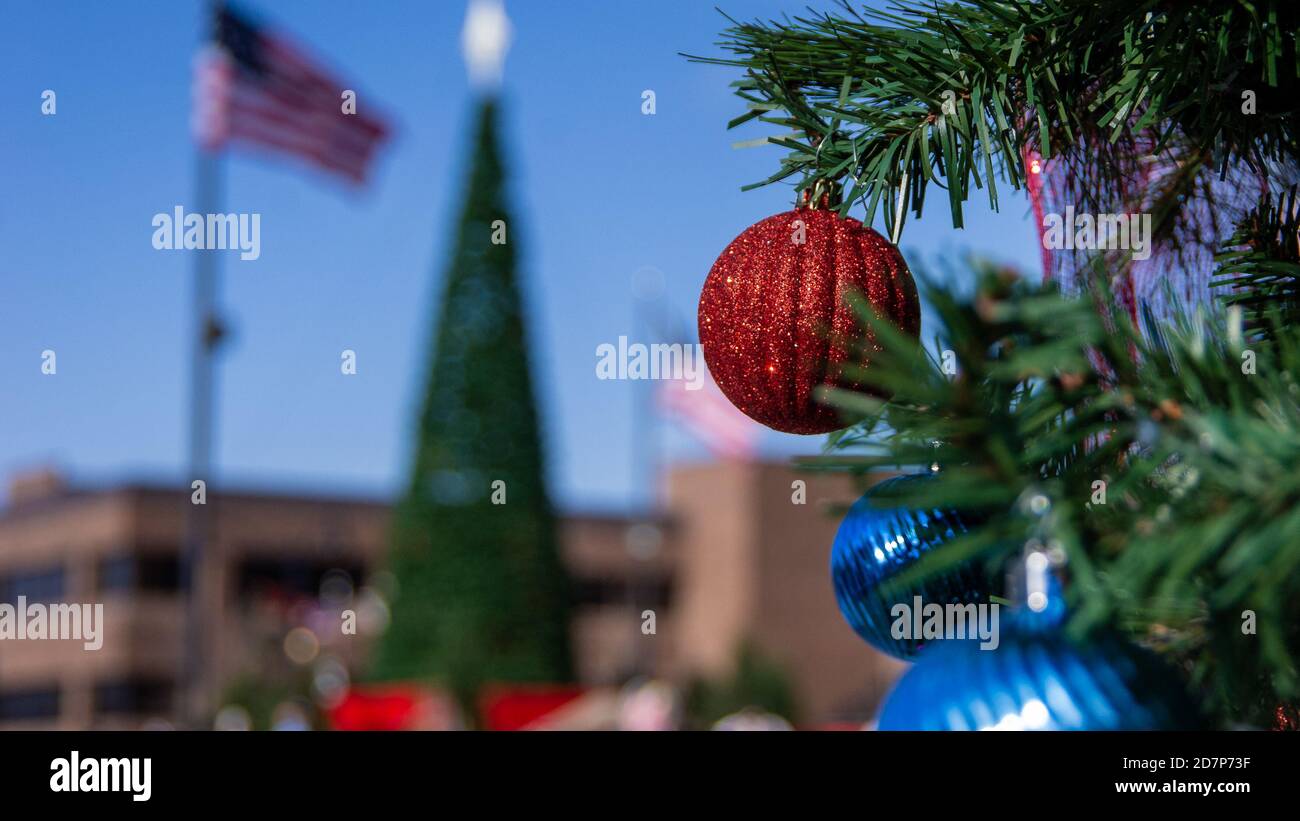 red glass Christmas tree globe ornament hangs from evergreen with blue bulbs below and another tree in the background Stock Photo