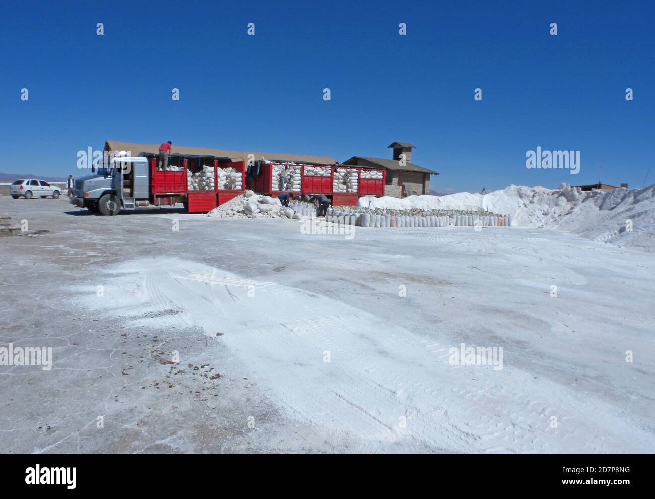 workers loading sacks of salt onto truck at salt works  Olaroz saltflats, Jujuy, Argentina          January Stock Photo