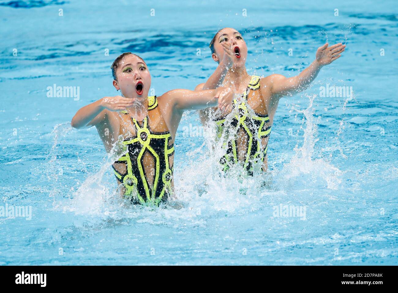 Tokyo, Japan. 24th Oct, 2020. Japanese artistic swimmers INUI YUKIKO and MEGUMI YOSHIDA perform during the grand opening ceremony for the Tokyo Aquatics Centre. The venue will host Tokyo 2020 Olympic and Paralympic Games' swimming, diving and artistic swimming competitions next summer. Credit: Rodrigo Reyes Marin/ZUMA Wire/Alamy Live News Stock Photo