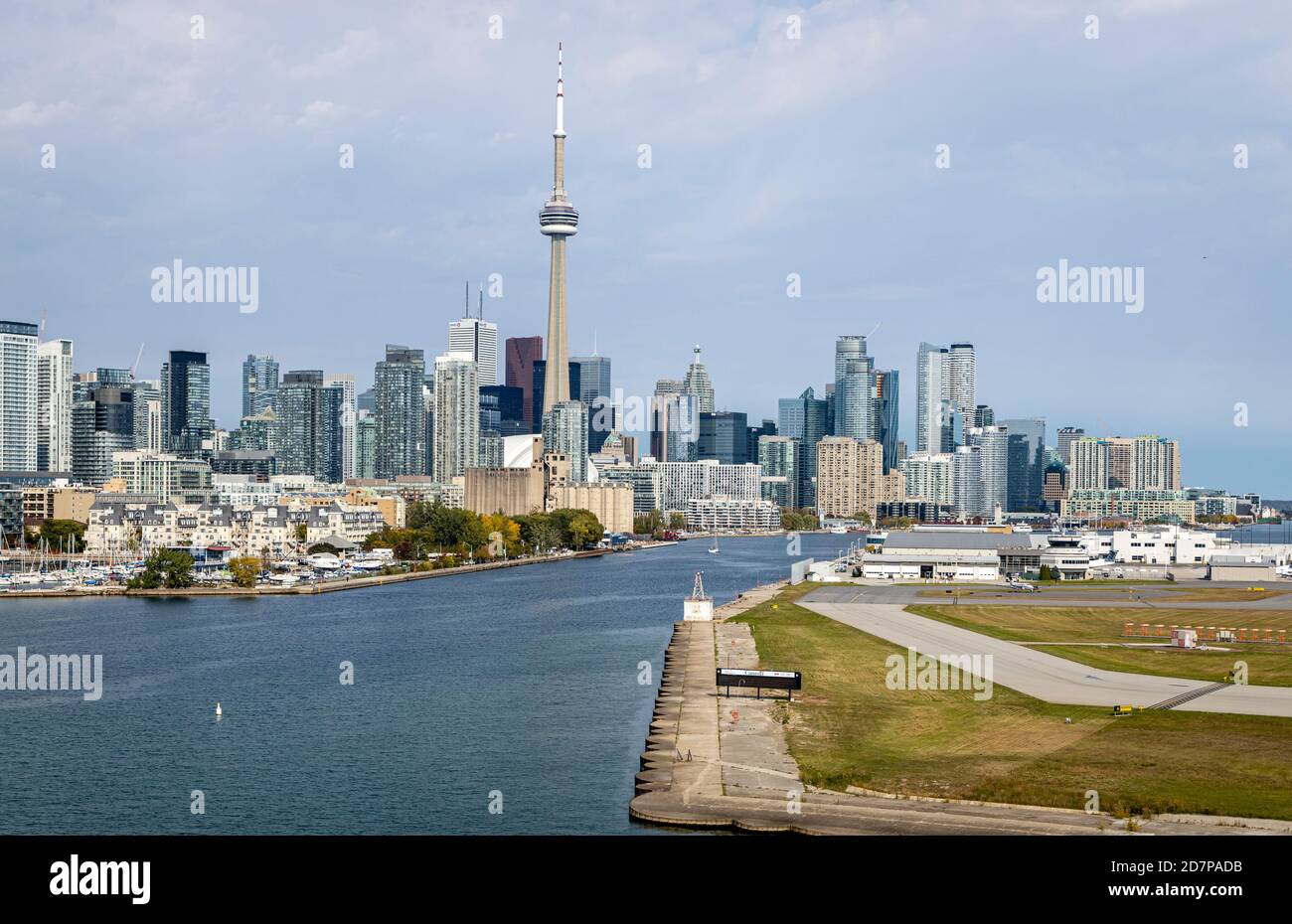 A view of the downtown Toronto skyline while landing at Billy Bishop Airport on the Toronto Island. Stock Photo