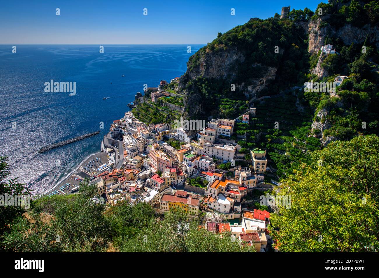 Atrani Cityscape at the Coastline of Tyrrhenian Sea, Italy. Stock Photo