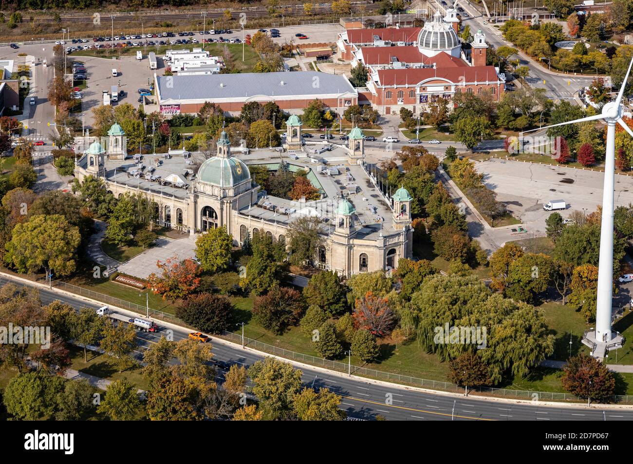 Aerial view of The Liberty Grand, a beautiful historic event venue in Toronto on the Exhibition Grounds. Stock Photo