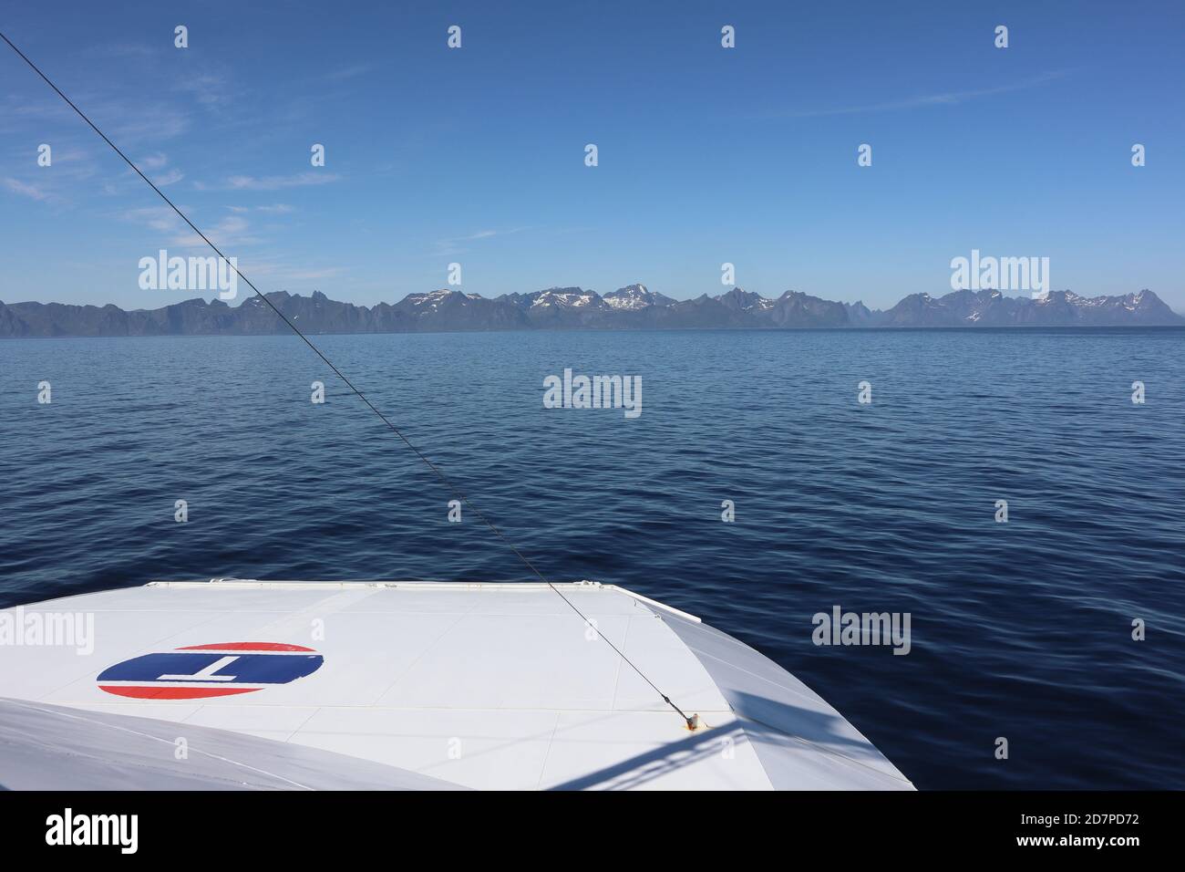 , / Norway - June 15 2019: Ferry arriving at Lofotofen islands, Norway Stock Photo