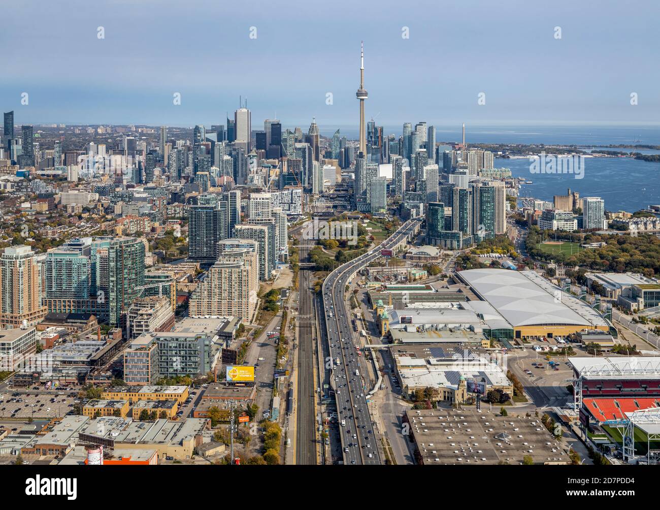 An aerial view of the Toronto Skyline from over Dufferin St. Stock Photo