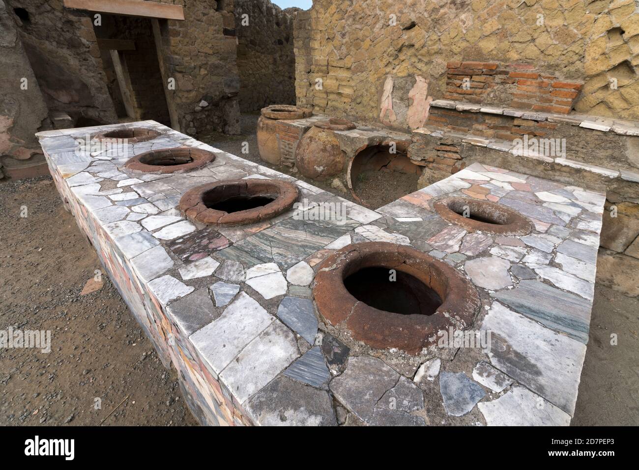 Herculaneum, ancient Roman town: Large Taberna. Herculaneum Archaeological site, Ercolano, Italy. Stock Photo