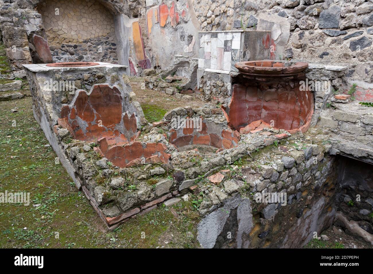 Herculaneum, ancient Roman town: Thermopolium. Herculaneum Archaeological site, Ercolano, Italy. Stock Photo