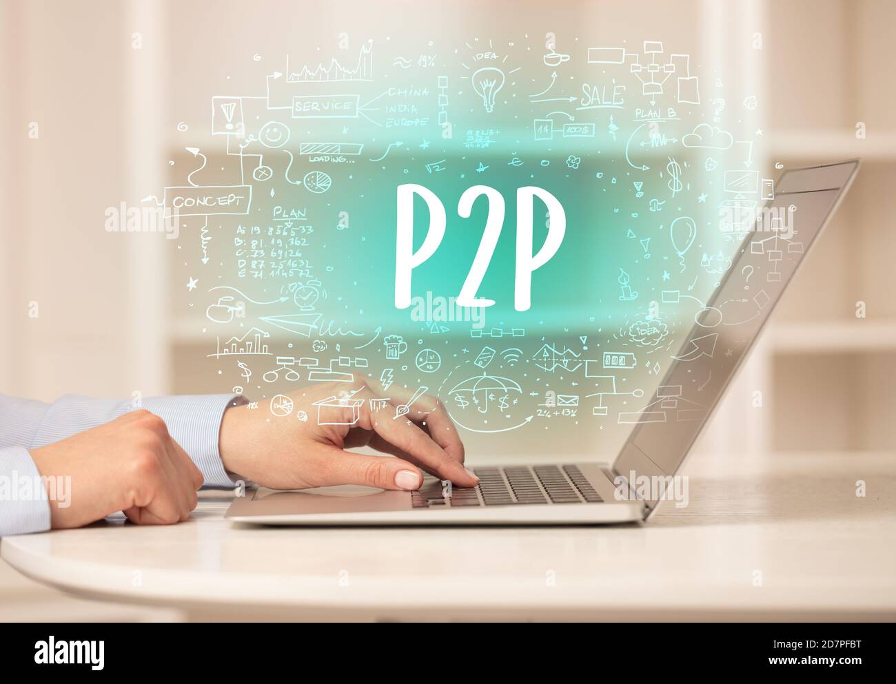 hand working on new modern computer with P2P abbreviation, modern