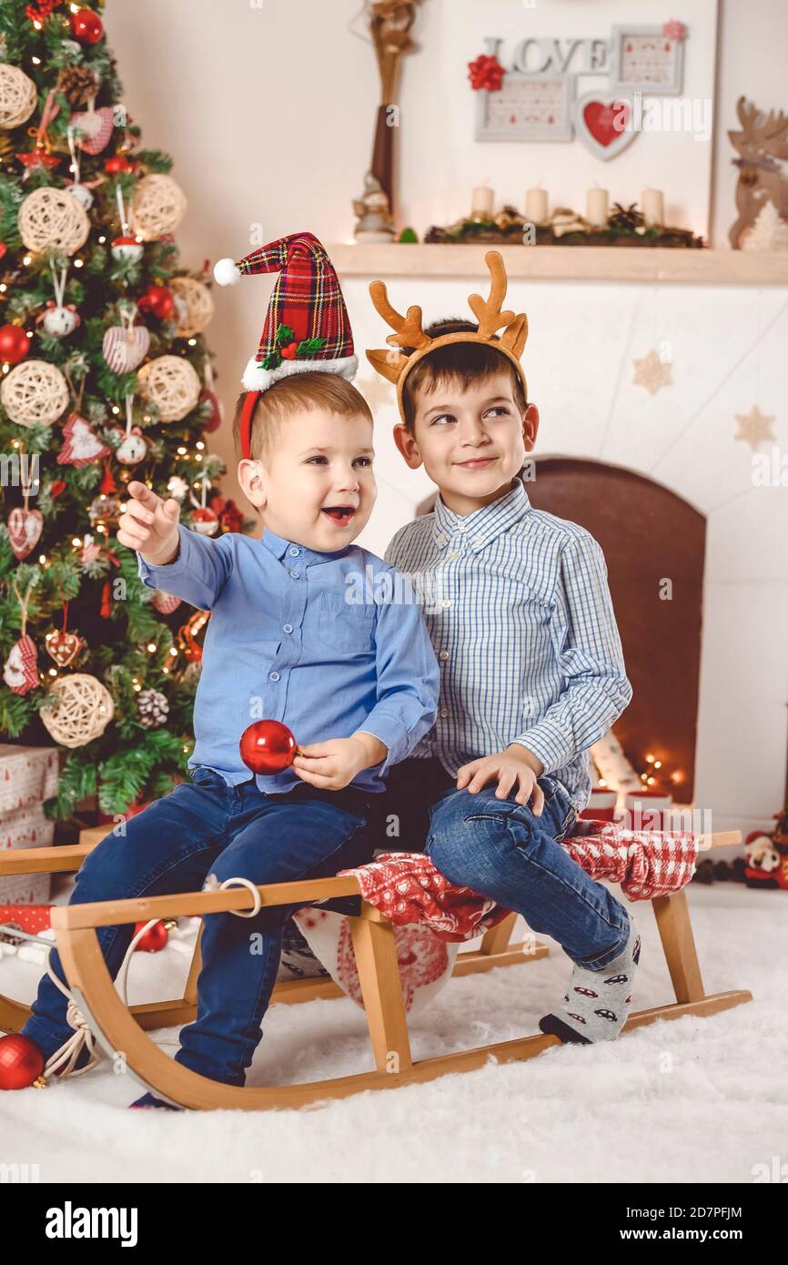Cute and happy little brothers on sleigh having fun in front of