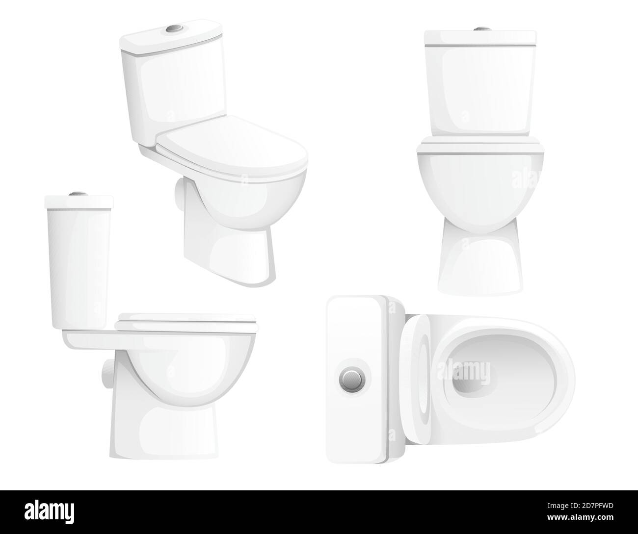 White ceramic toilet bowl with open and closed cover top front and profile view flat vector illustration on white background Stock Vector
