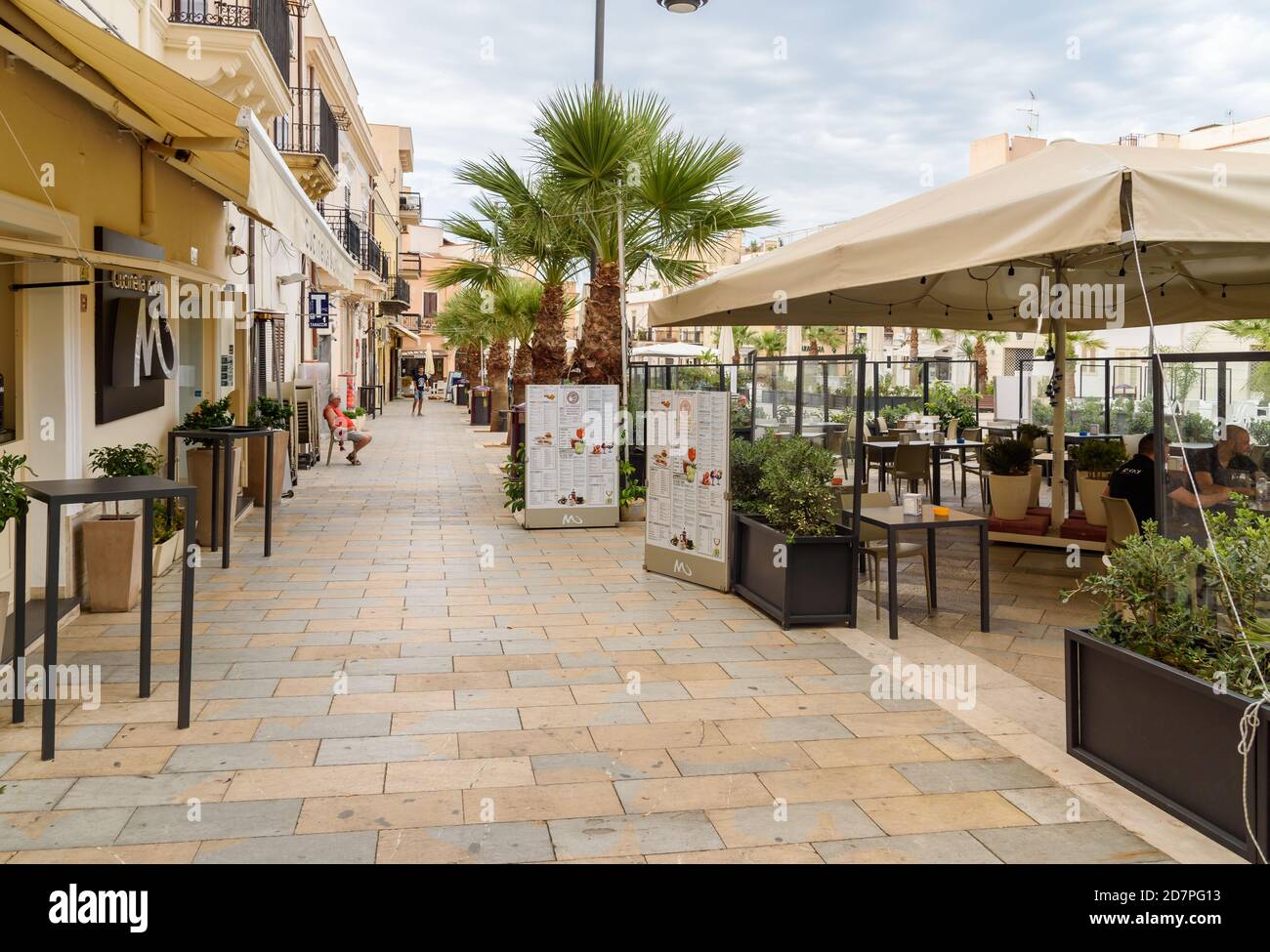 Terrasini, Sicily, Italy - September 24, 2020: View of Duomo Square with outdoor bars and restaurants in the center of Terrasini, province of Palermo, Stock Photo