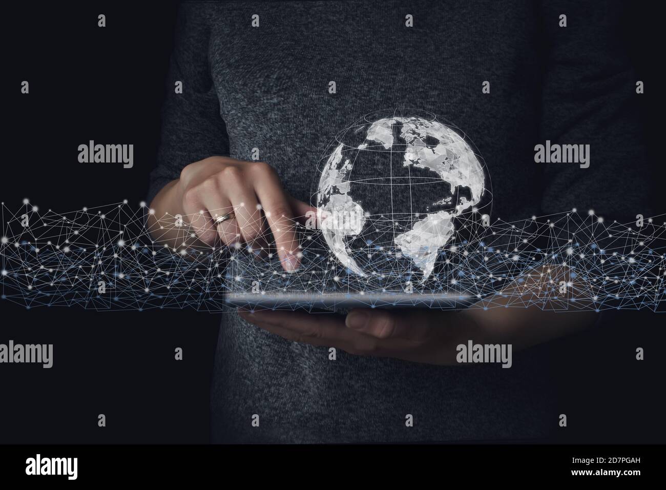 Close up of businessman holding digital globe in palm. Energy and ecology concept, Technologies connecting the world. Global network Stock Photo