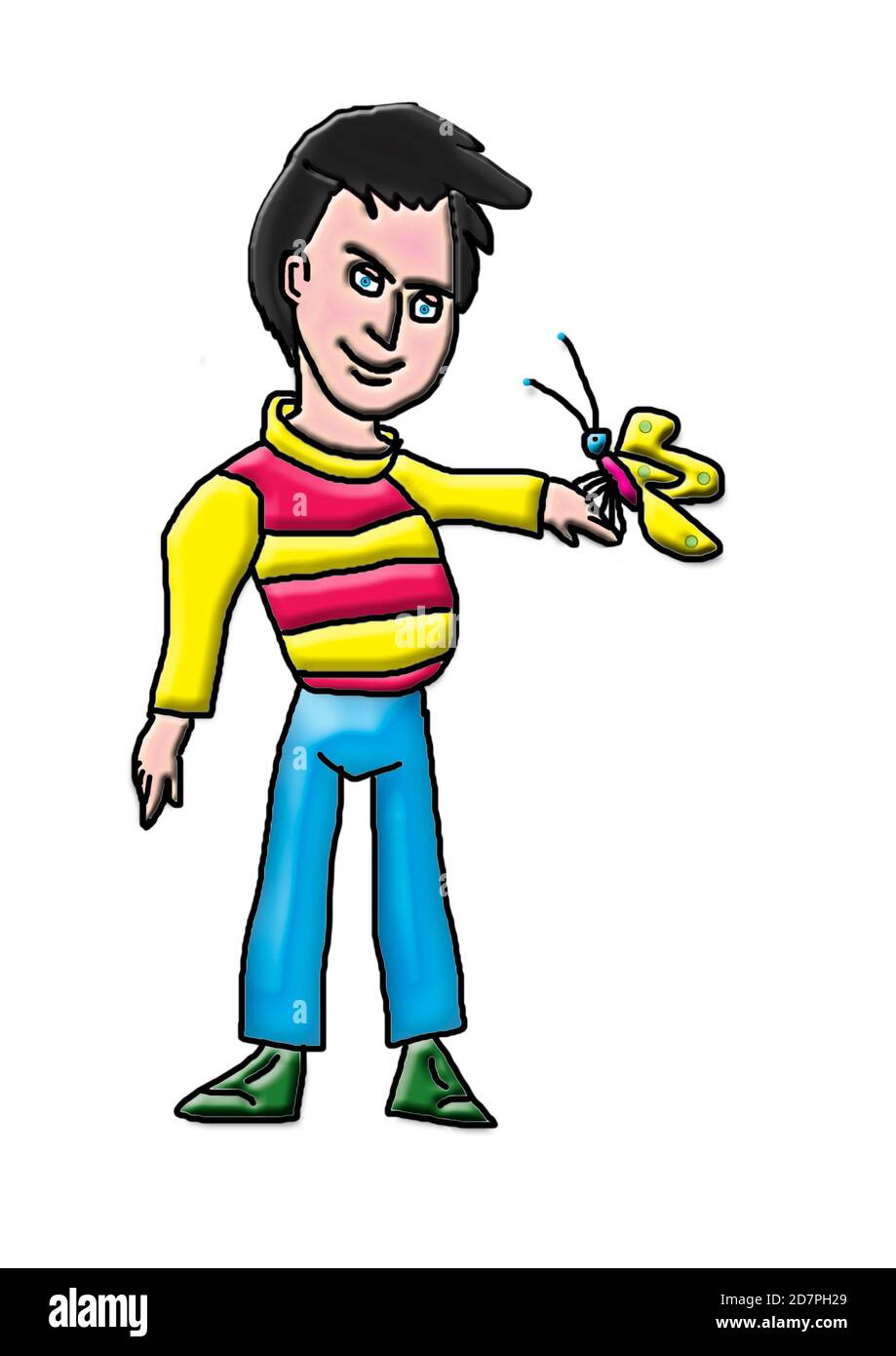 Cartoon Illustration Man In Red And Yellow Striped Jumper Blue Jeans Green Shoes With A Yellow And Red Butterfly On His Hand Digital Effects Artwork Stock Photo Alamy Cartoon Illustration Man In Red And Yellow Striped Jumper Blue Jeans Green Shoes With A Yellow And Red Butterfly On His Hand Digital Effects Artwork Stock Photo Alamy