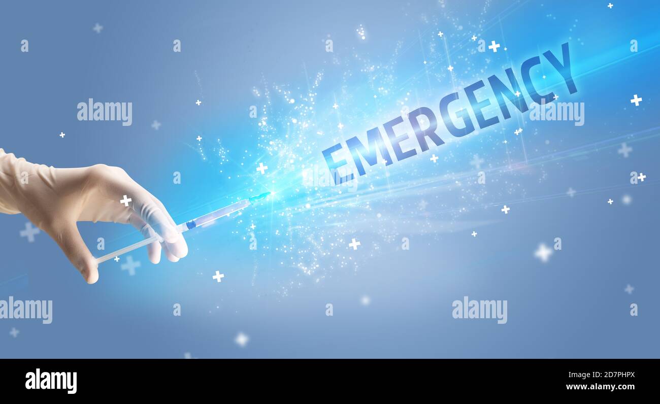 Syringe, medical injection in hand with EMERGENCY inscription, medical ...