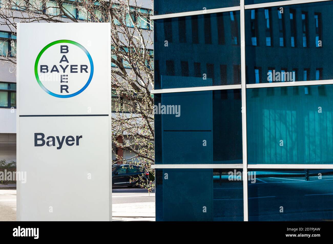 Bayer AG, German multinational pharmaceutical and life sciences company, one of largest pharmaceutical companies in world brand, logo on its office bu Stock Photo
