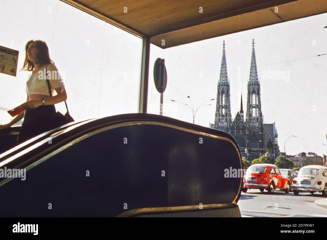 Entrance to the underground pedestrian passage-way at schottenring with votiv cathedral in background (Vienna)   ca. 1973 Stock Photo