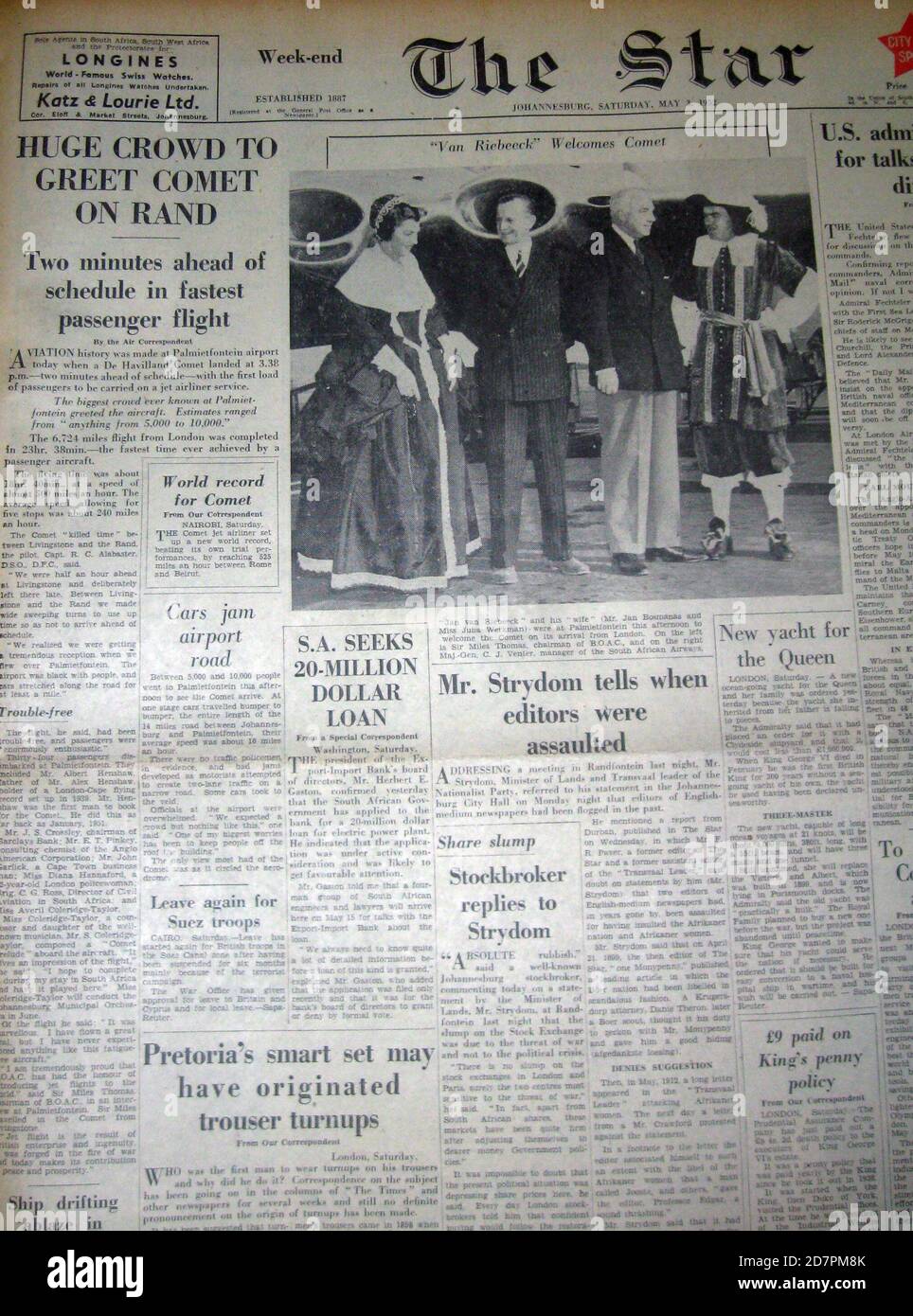 South Africa History:  Newspaper article published in The Star of May 3rd; 1952 regarding the world's first commercial jet flight which took place from London to Palmietfontein Airport in Johannesburg; South Africa. ca.  3 April 2013 Stock Photo