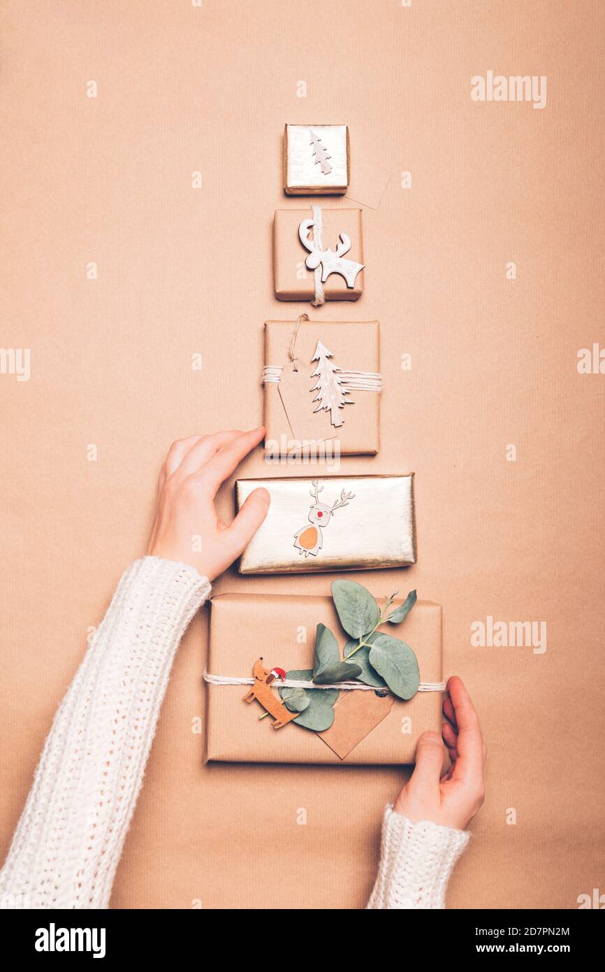 Xmas tree tower from gifts Stock Photo Alamy