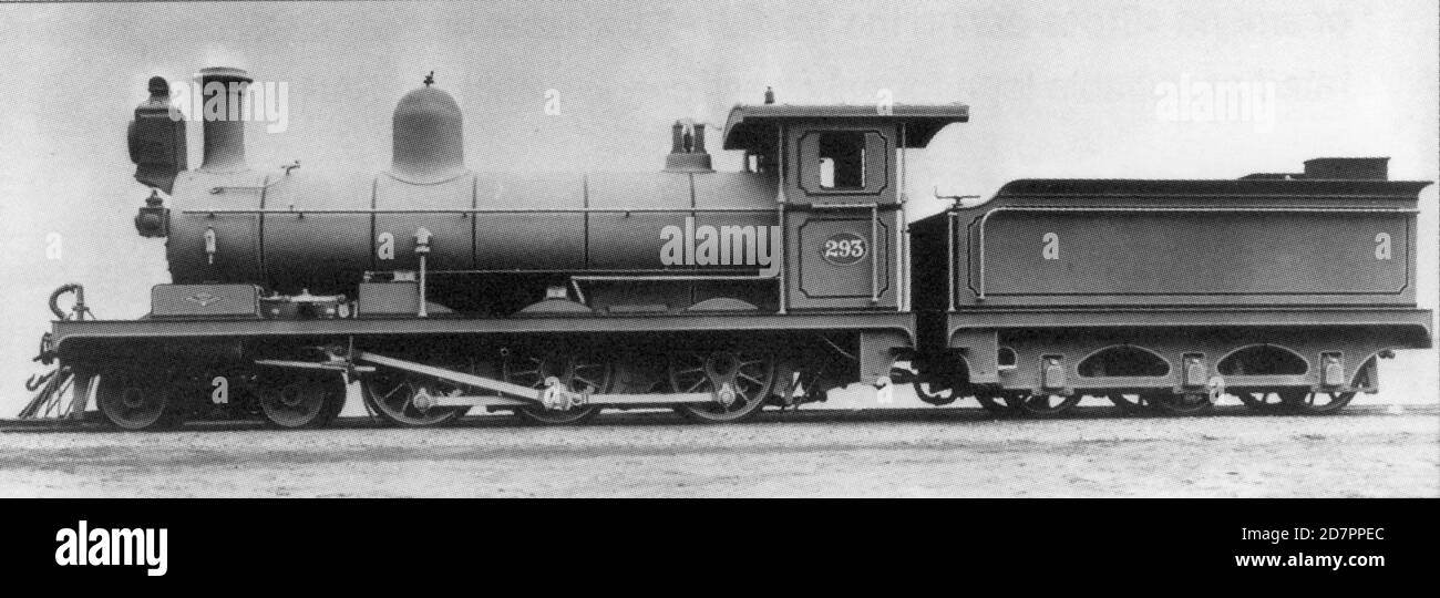 South Africa History:  Cape Government Railways 5th Class 4-6-0 no. 293; renumbered 493; then OVGS no. 42; then CSAR no. 319; then SAR no. 0319; with short smokebox ca.   1890 Stock Photo