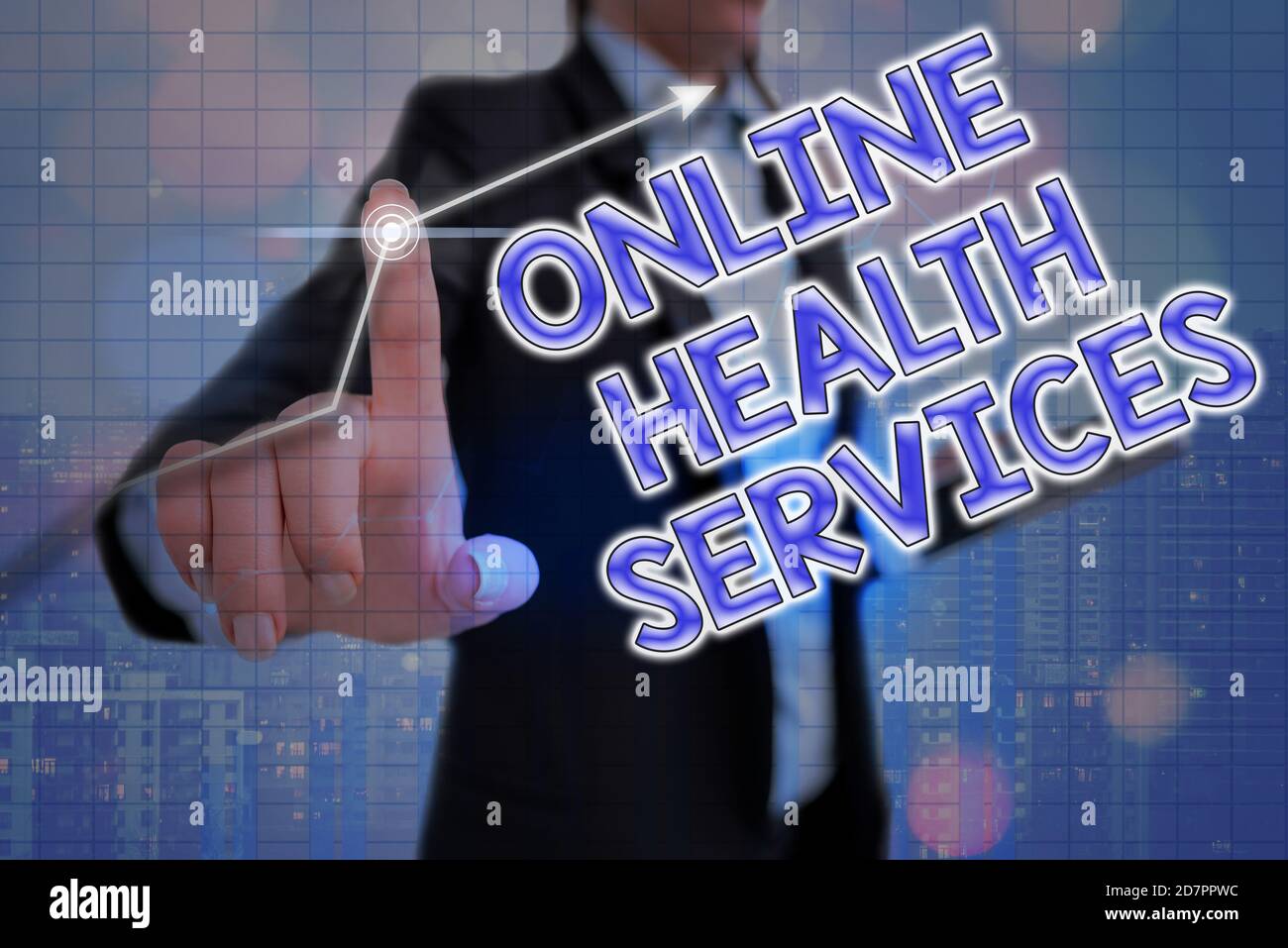 Handwriting text Online Health Services. Conceptual photo healthcare delivered and enhanced through the internet Arrow symbol going upward denoting po Stock Photo