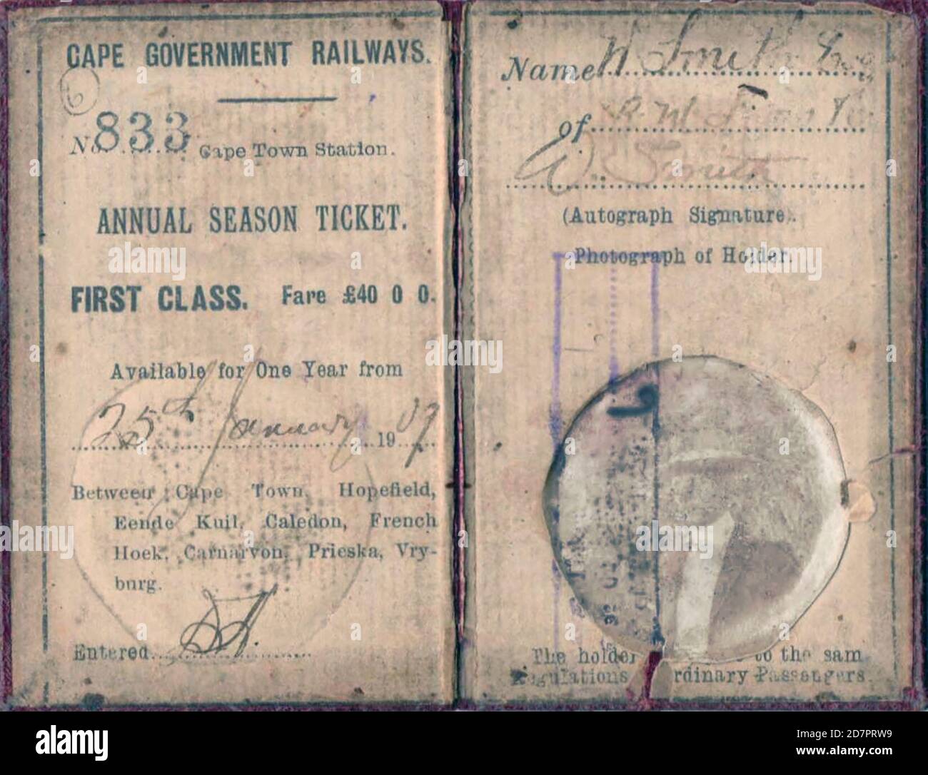 South Africa History:  Cape Government Railways season ticketThe season ticket belonged to my Great Grandfather; W. Smith; who was a farm implement salesman. ca.  25 January 1909 Stock Photo
