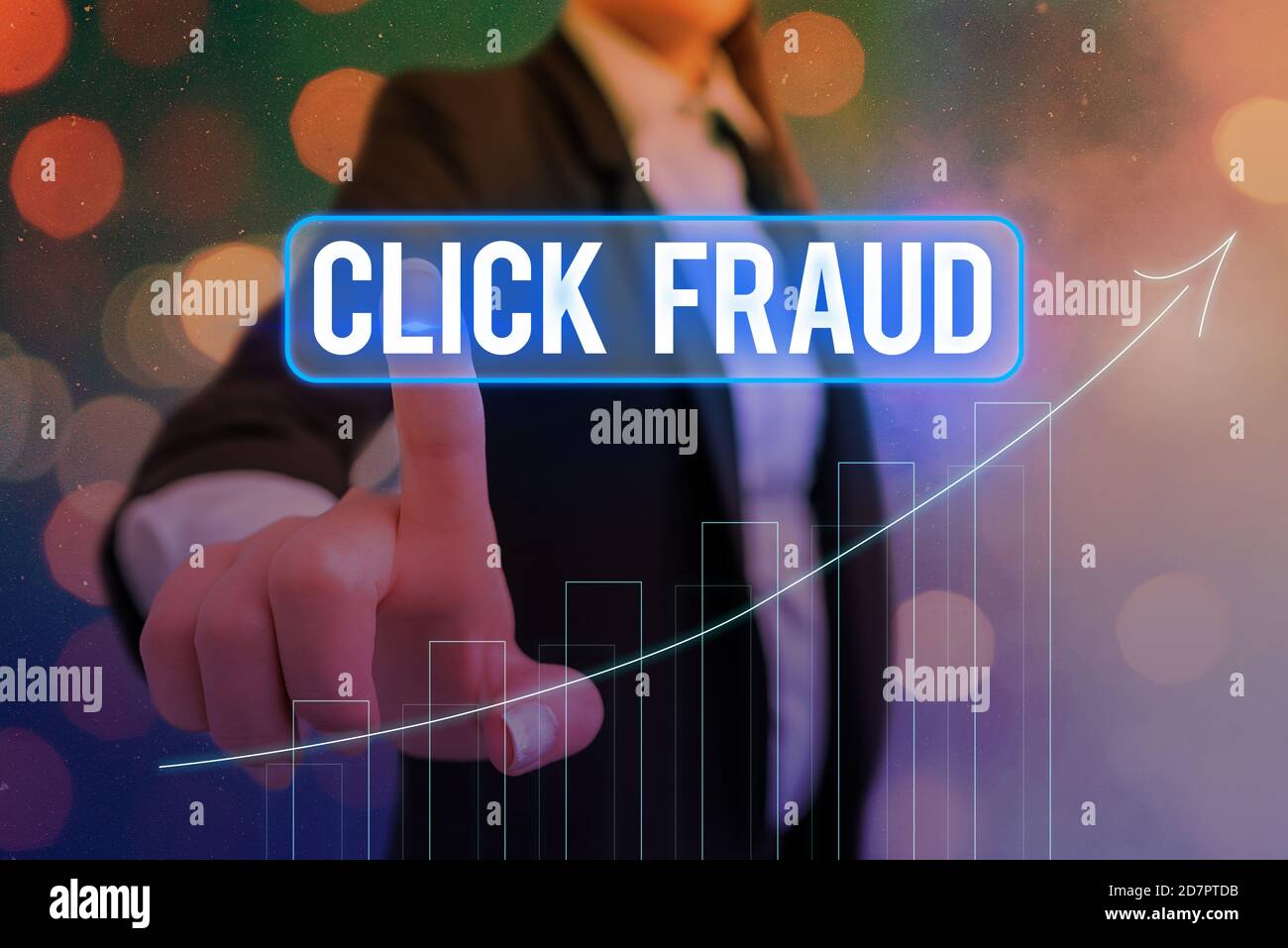 Conceptual hand writing showing Click Fraud. Concept meaning practice of repeatedly clicking on advertisement hosted website Arrow symbol going upward Stock Photo