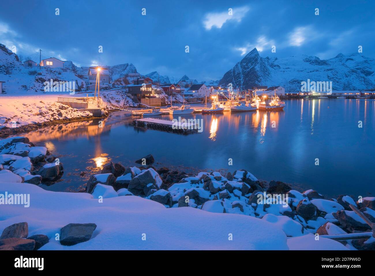 Port of the fishing village Hamnoy Polar Night in winter, Reinefjord, Moskenesoya, Reine, Nordland, Lofoten, Norway Stock Photo