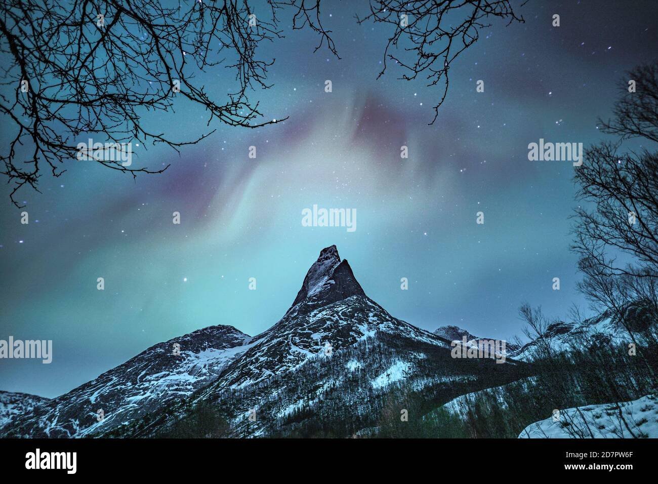 Mountain peak (Aurora borealis) Stetind, arctic winter landscape, night view, starry sky, northern lights Northern Lights, , Stetinden, Nordland Stock Photo