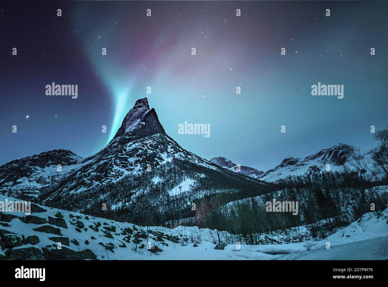 Mountain peak (Aurora borealis) Stetind, arctic winter landscape, night view, starry sky, northern lights Northern Lights, , Stetinden, Nordland Stock Photo