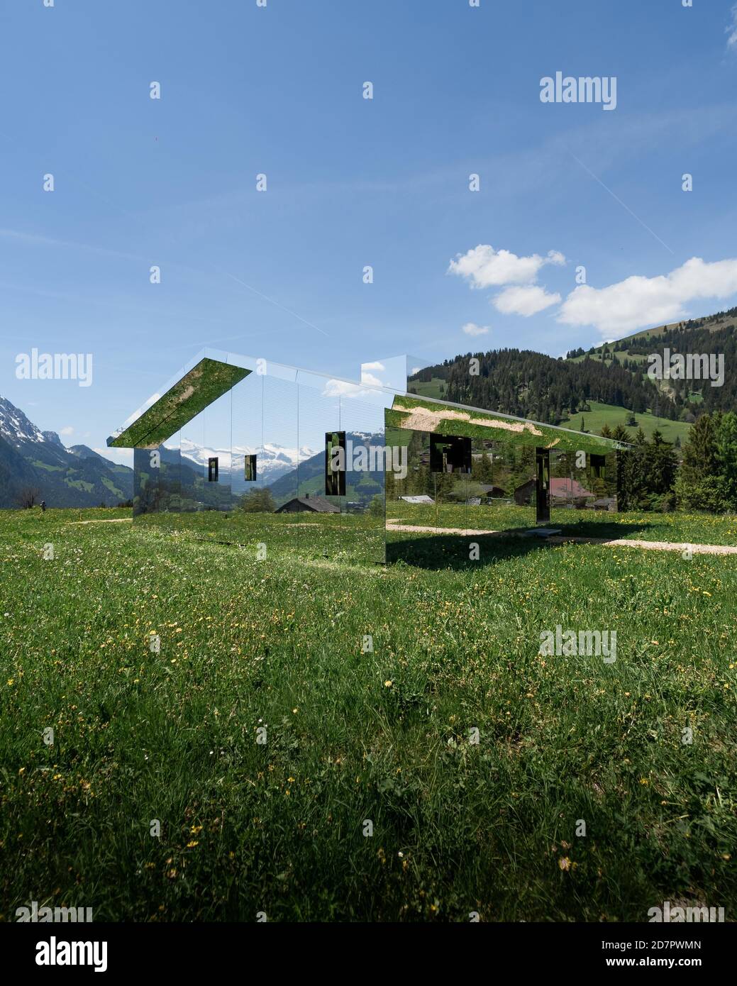 Art Gallery Mirage Gstaad, Mirror House on the mountain near Gstaad, Bernese Oberland, Switzerland Stock Photo