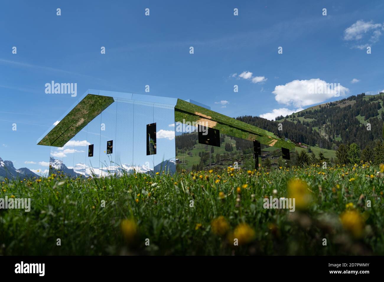 Art Gallery Mirage Gstaad, Mirror House on the mountain near Gstaad, Bernese Oberland, Switzerland Stock Photo