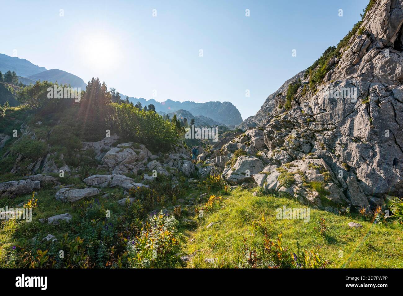 Hiker, mountain landscape, Stuhlgraben, Griesskogel in the back, Steinernes Meer, Funtenseetauern, Berchtesgaden National Park, Berchtesgadener Land Stock Photo