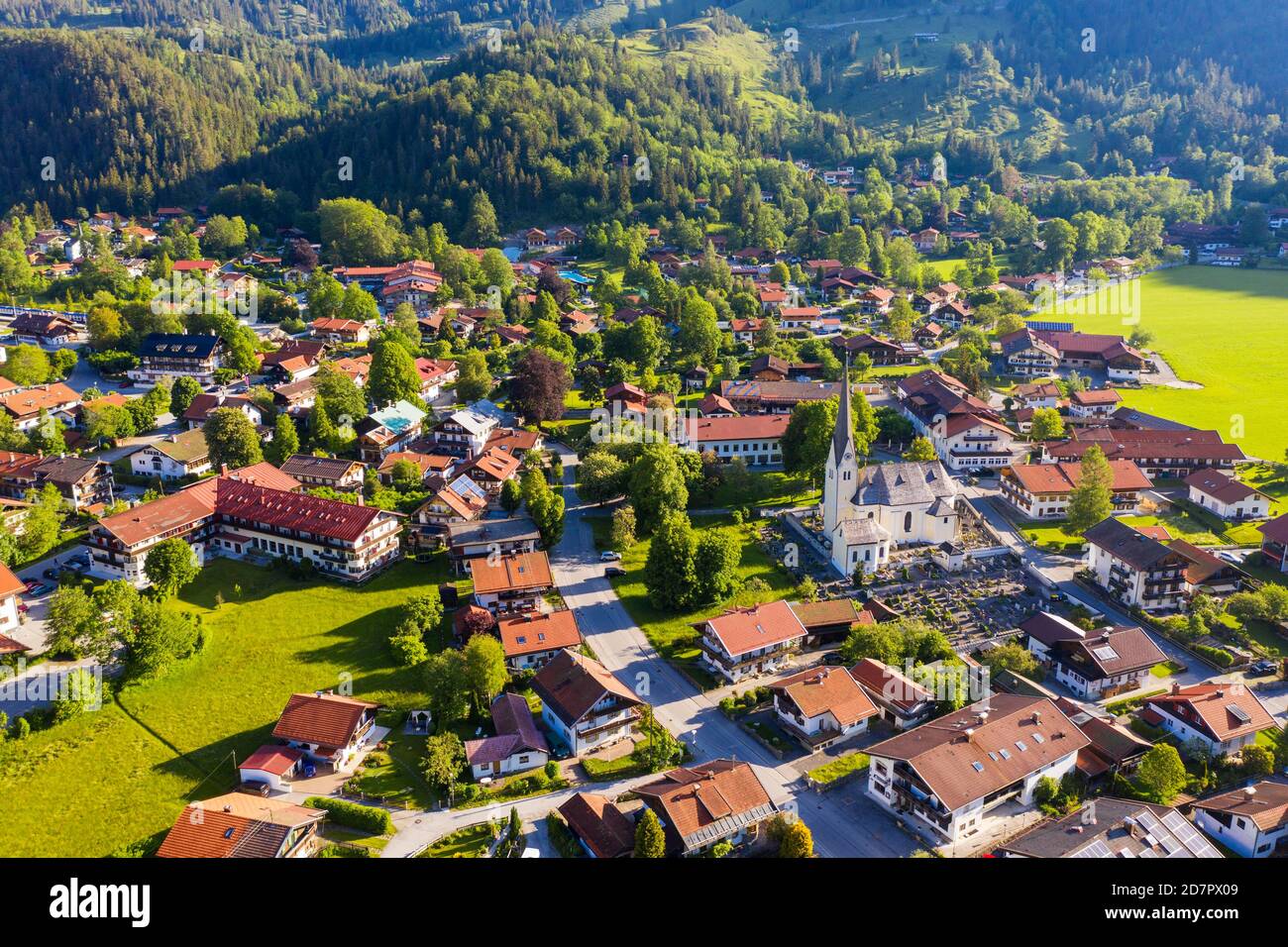 Bayrischzell with parish church St. Margareth, Leitzachtal, drone recording, Upper Bavaria, Bavaria, Germany Stock Photo